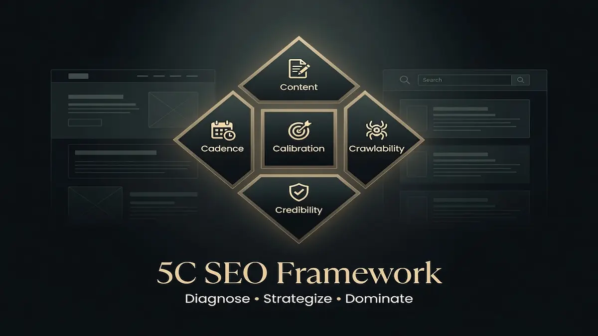 5C SEO Framework infographic showing the five pillars of SEO: content, cadence, calibration, crawlability, and credibility.