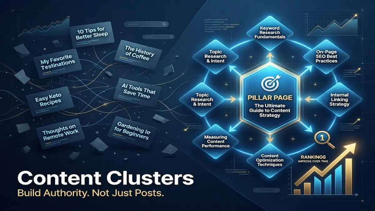 Content clusters infographic showing how a pillar page, topic clusters, keyword research, internal linking, and content optimization improve SEO rankings.