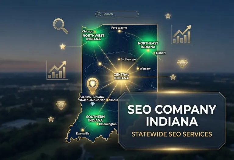 Indiana SEO services graphic showing statewide SEO coverage across Northwest, Northeast, Central, and Southern Indiana.
