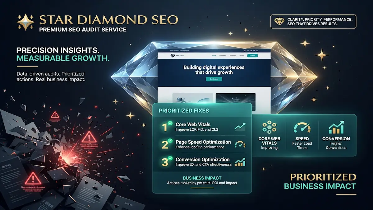 Star Diamond SEO premium SEO audit service infographic highlighting prioritized technical SEO fixes, Core Web Vitals optimization, page speed improvements, and conversion optimization for measurable business growth.