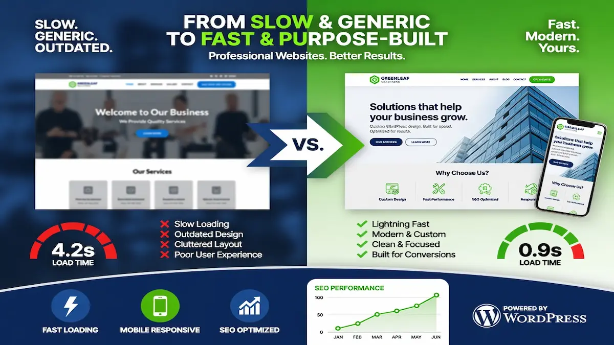 Before-and-after web design comparison showing a slow, outdated website versus a fast, SEO-optimized website with modern design, improved user experience, and faster page load times for better conversions.
